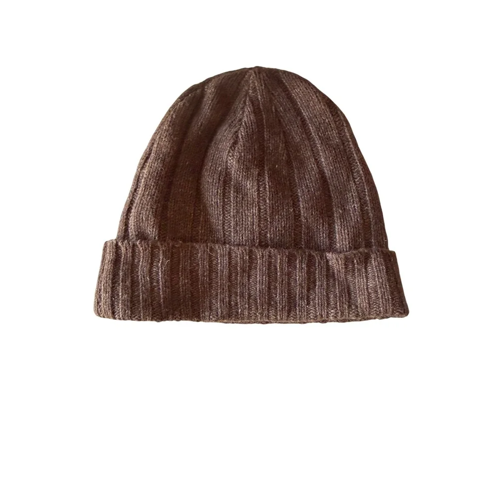 Vintage Polo Ralph Lauren Brown Lambswool Ribbed Knit Beanie Hat Green Pony Logo
